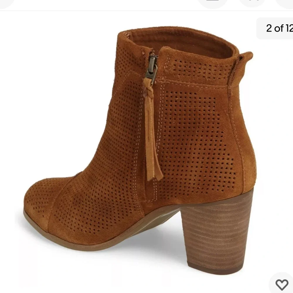 Toms Lunata Cinnamon Brown Suede Perforated Block Heel Ankle Booties Size 9.5